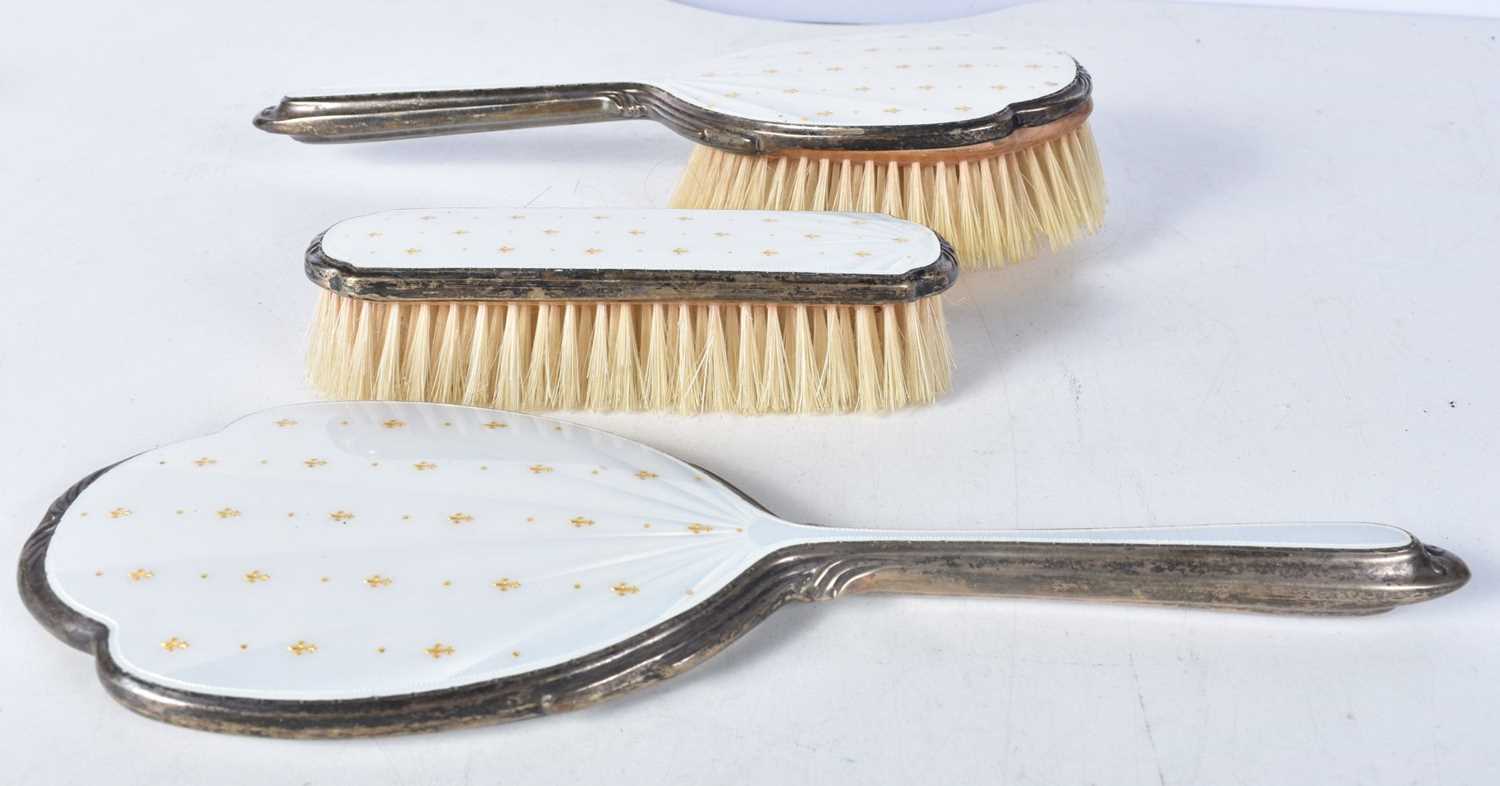 Three Silver and Enamel Dressing Table items (Hand Mirror, Hair Brush and Clothes Brush). Hallmarked - Image 2 of 4