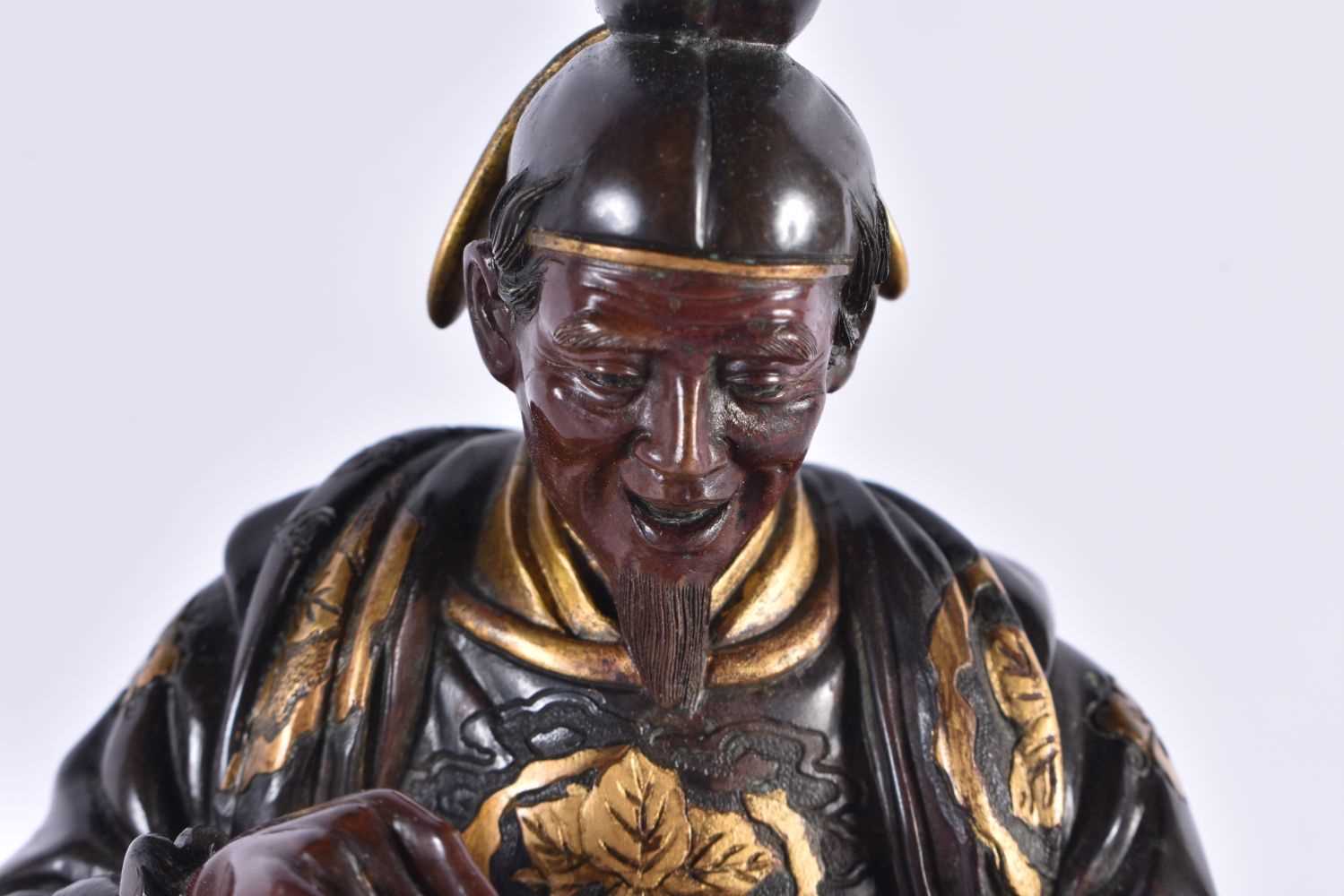 A GOOD 19TH CENTURY JAPANESE MEIJI PERIOD BRONZE GOLD INLAID OKIMONO by Miyao, modelled as a male - Image 2 of 9