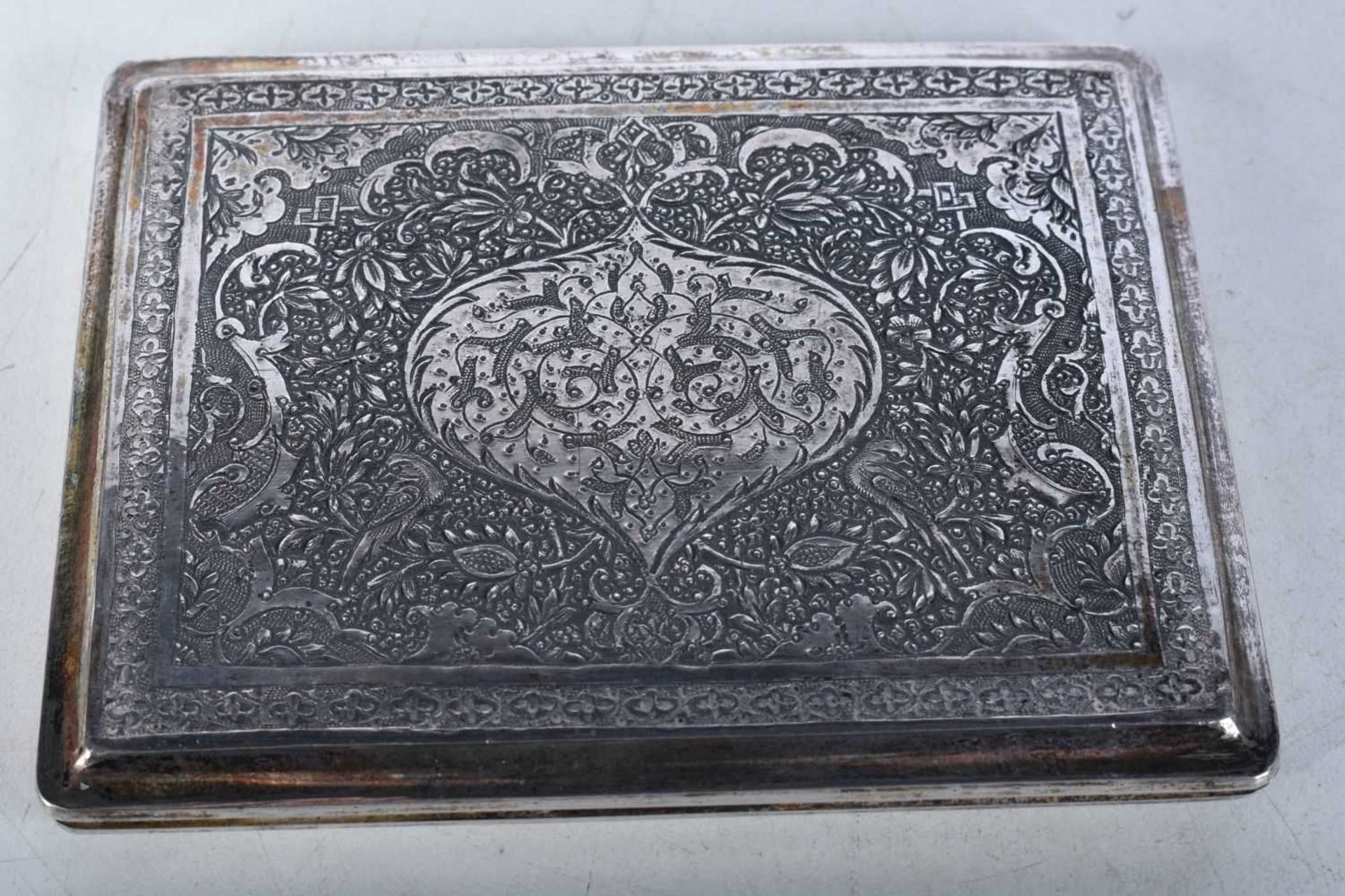 A Continental Silver Cigarette Case with Middle Eastern Engraved Decoration. XRF Tested for - Image 2 of 4