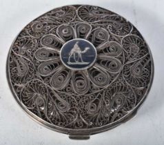 A Silver Filigree Compact with Niello Silver base. 7.2cm x 1.8cm, weight 114g, XRF Tested for