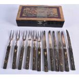 A RARE SET OF 19TH CENTURY JAPANESE MIXED METAL SHAKDO AND SILVER PLATED FLATWARE by Hukin &