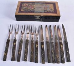 A RARE SET OF 19TH CENTURY JAPANESE MIXED METAL SHAKDO AND SILVER PLATED FLATWARE by Hukin &