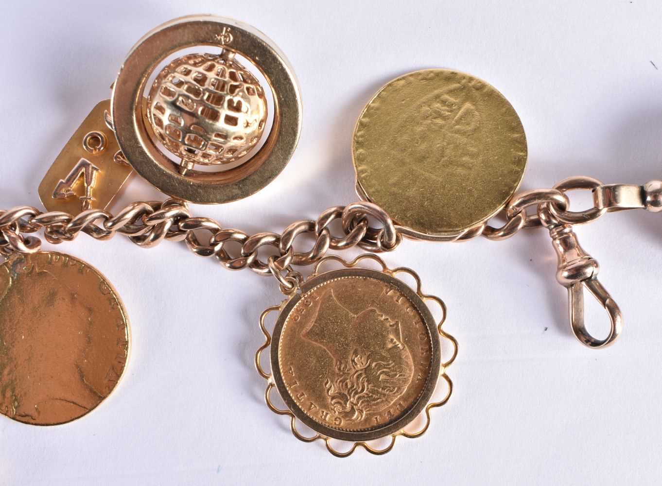 A 9 Carat Gold Charm Bracelet with a 9 Carat Gold Hardstone Swivel Charm, a 14 Carat Gold Globe - Image 5 of 7