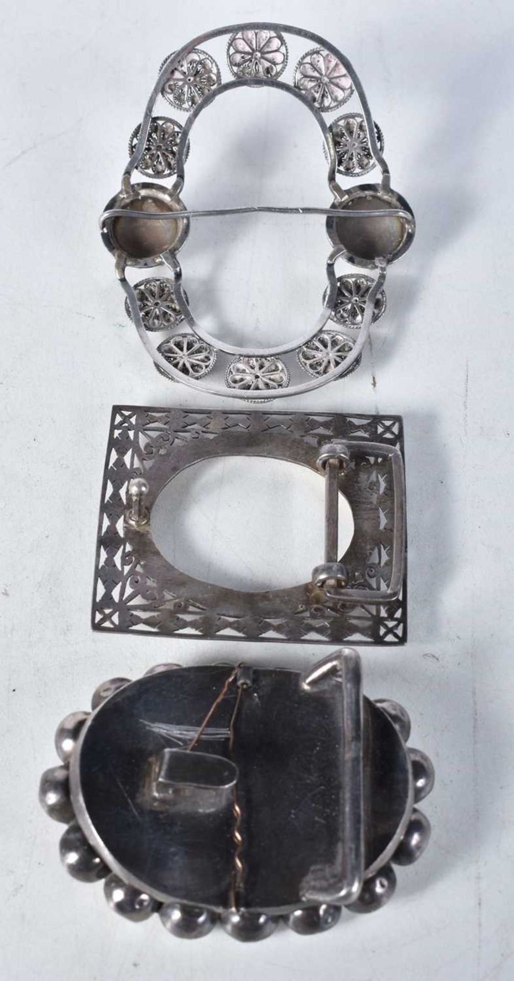 Three Victorian Silver Belt Buckles. Largest 7cm x 8.6cm, total weight 121g (3) - Image 2 of 2