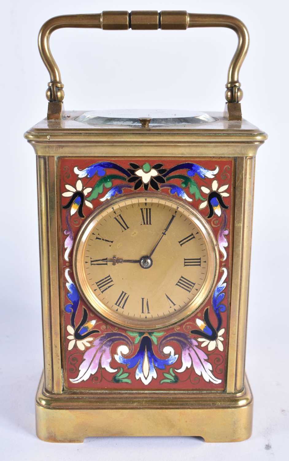 A LATE 19TH CENTURY FRENCH REPEATING CHAMPLEVE ENAMEL CARRIAGE CLOCK within original leather - Image 2 of 9