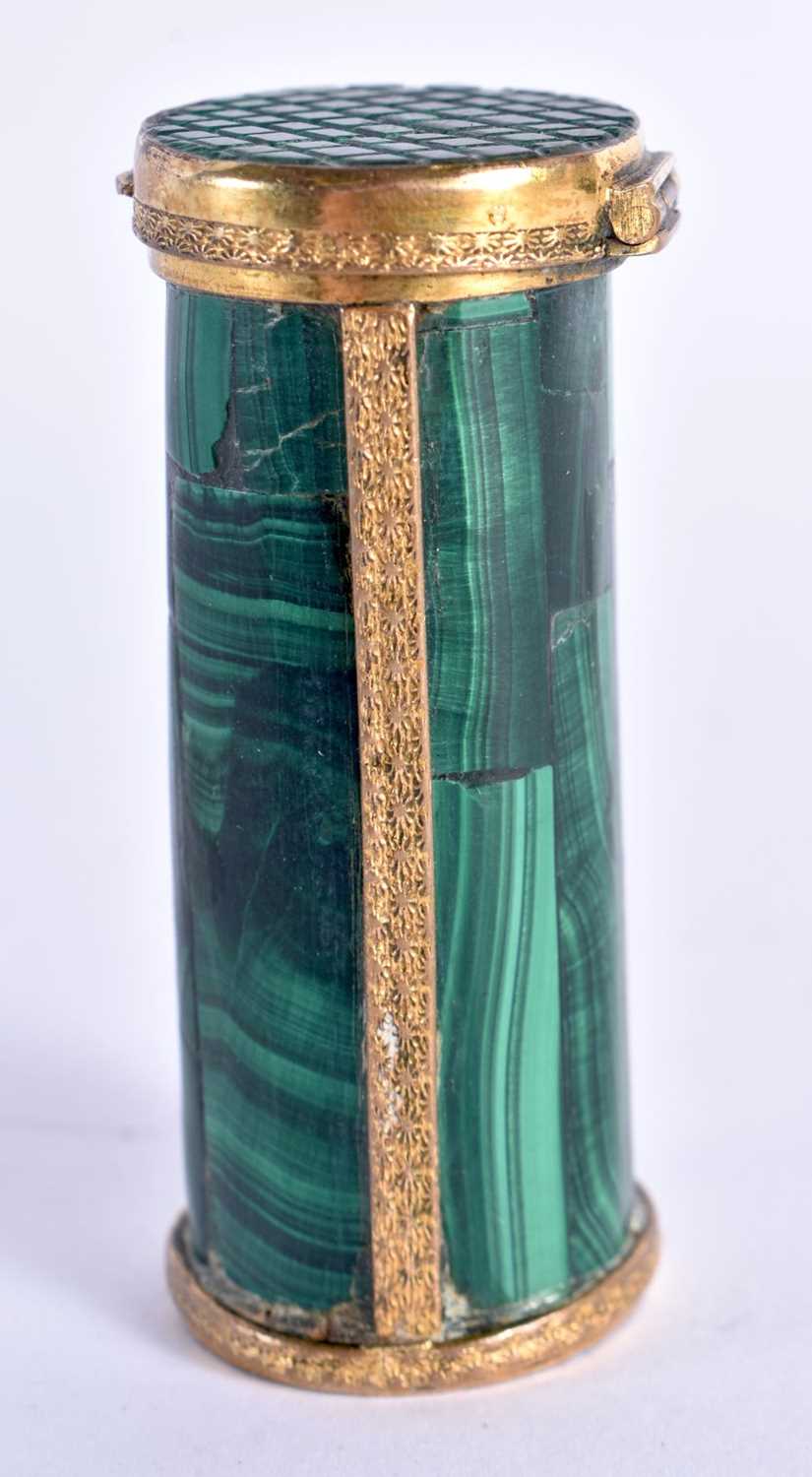 A CHARMING 19TH CENTURY FRENCH CARVED MALACHITE GILT MOUNTED VESTA CASE of naturalistic form. 6.25 - Image 3 of 6