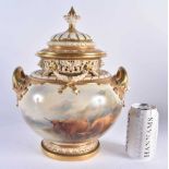 A FINE LARGE ROYAL WORCESTER PORCELAIN POT POURRI AND COVER by John Stinton, beautifully painted
