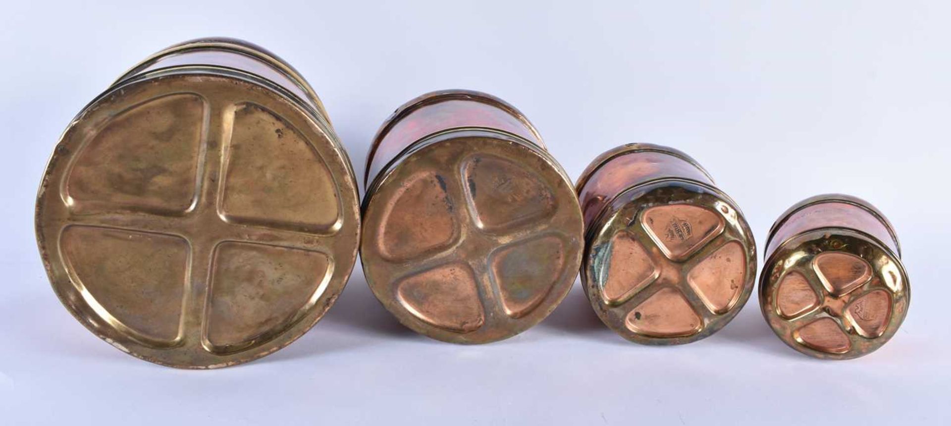 A SET OF ANTIQUE COPPER AND BRASS MEASURES stamped Punjab Metal Works. Largest 17 cm x 17 cm. (qty) - Image 7 of 11