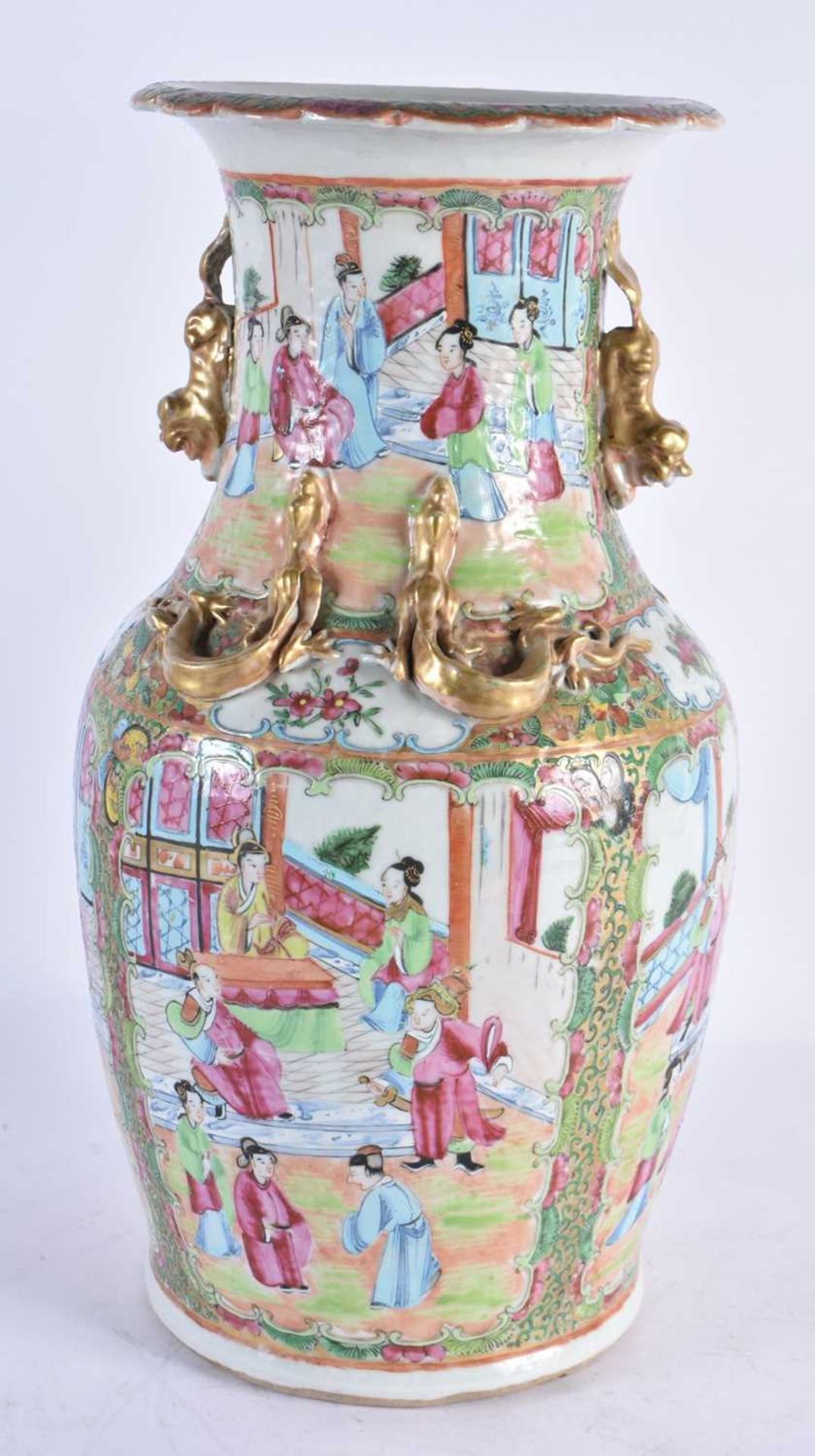 A LARGE 19TH CENTURY CHINESE CANTON FAMILLE ROSE PORCELAIN VASE Qing, painted with figures and - Image 4 of 6