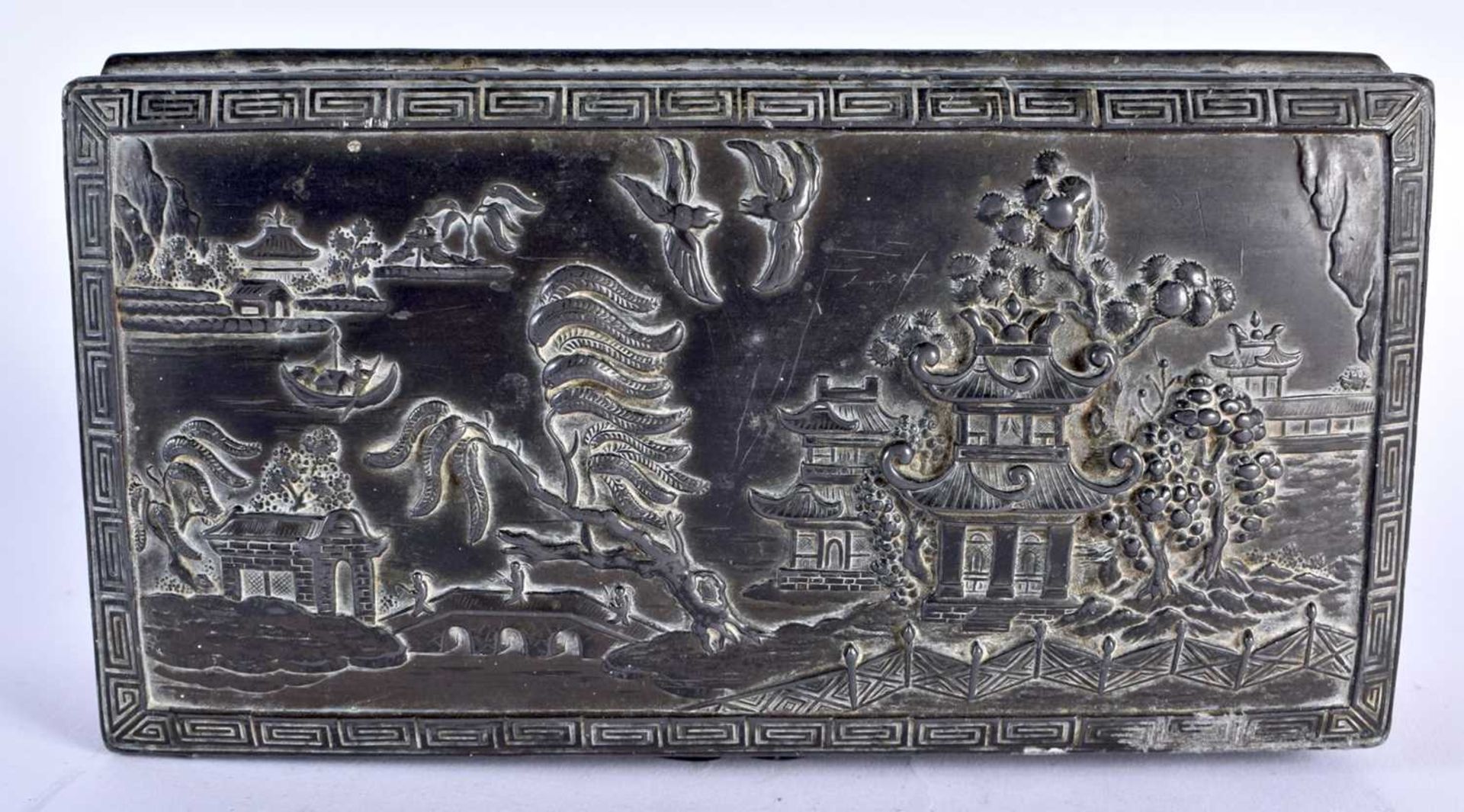 TWO ANTIQUE TIBETAN NEPALESE BRONZE BUDDHAS together with a Japanese repousse casket. Largest 23 - Image 9 of 10