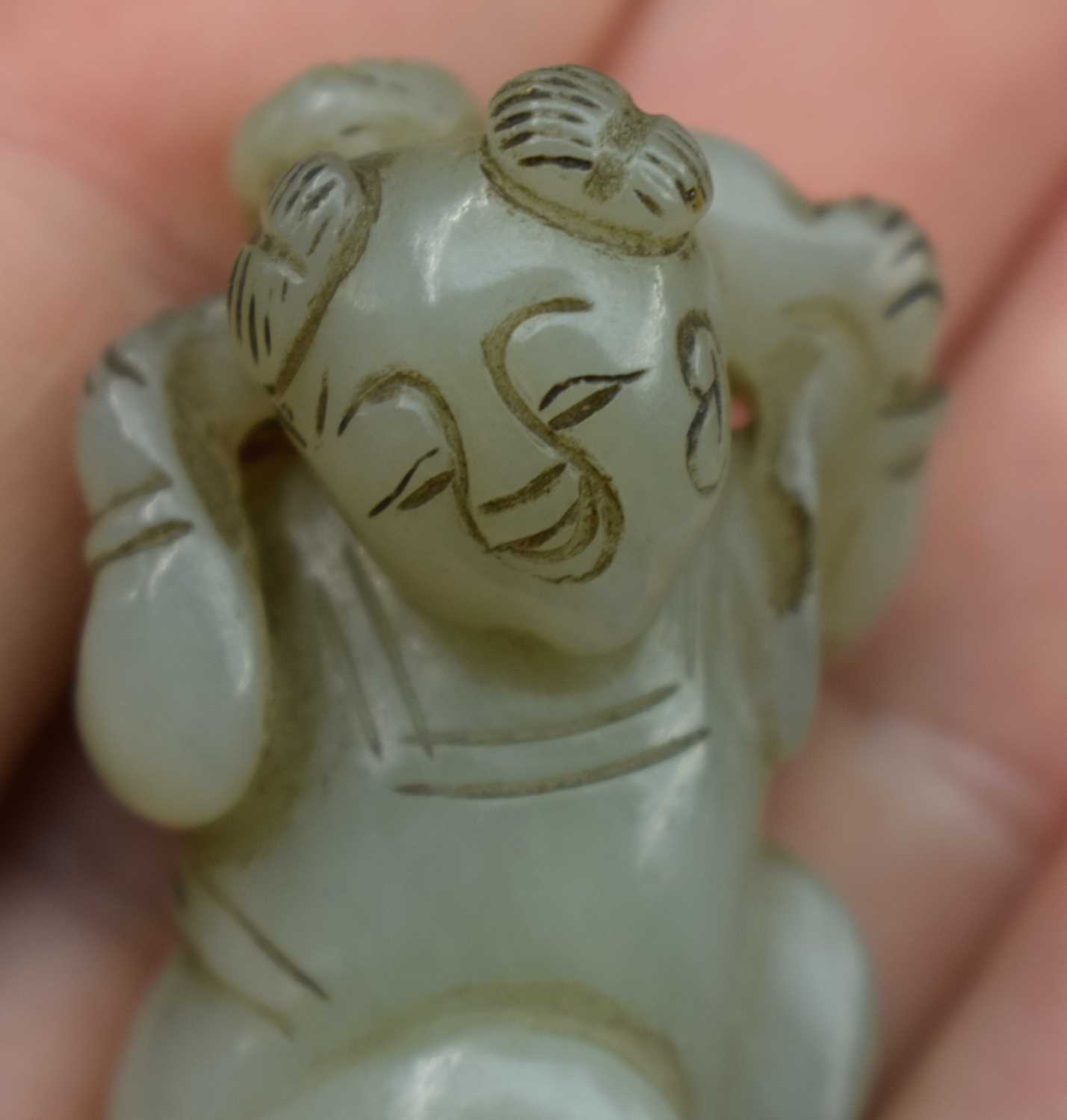 A 19TH CENTURY CHINESE CARVED GREEN JADE FIGURE OF A DANCING BOY Qing, modelled with a cat upon - Image 5 of 12