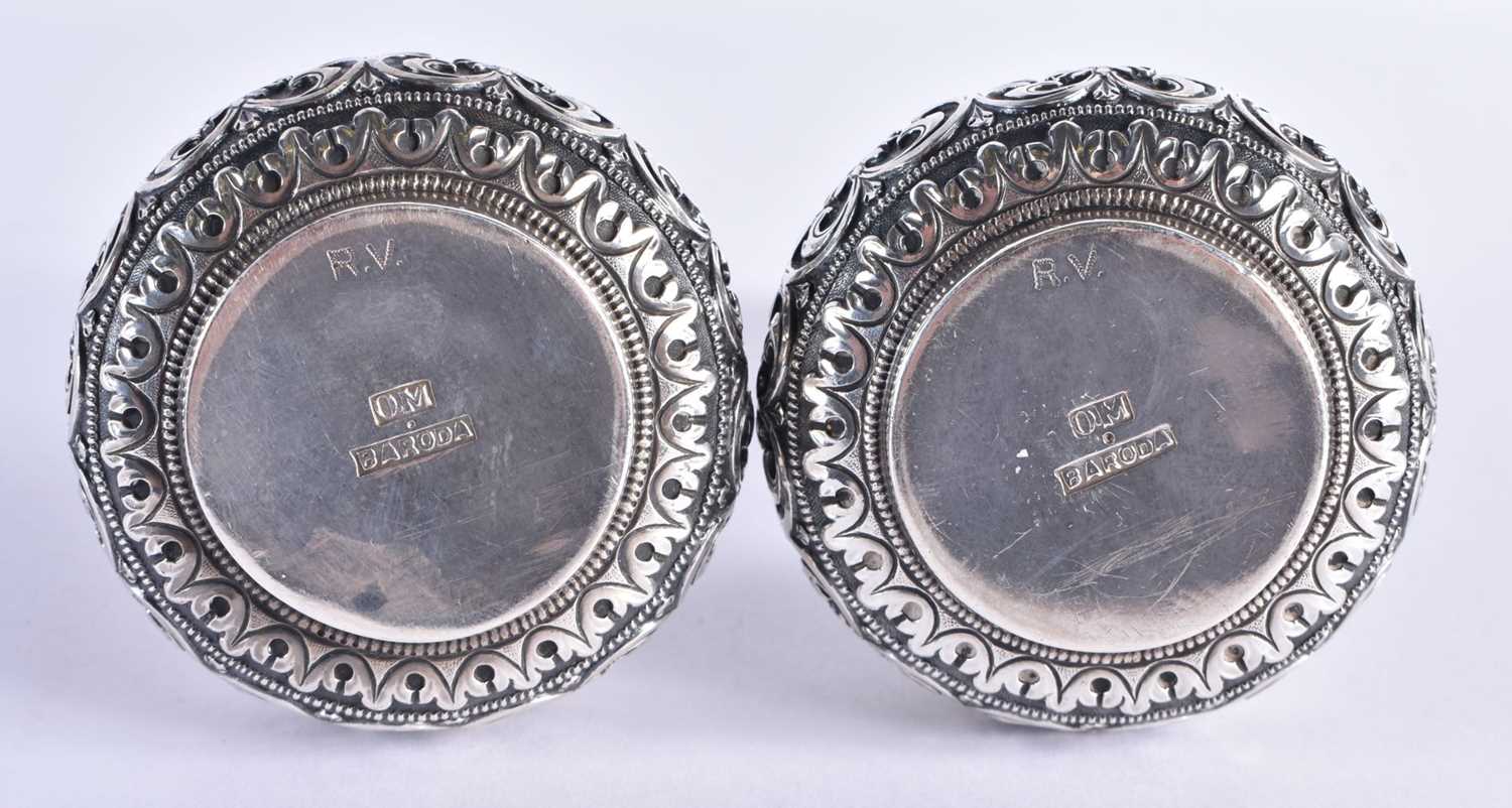 A Pair of Antique Indian Kutch Silver Posy Vases by Oomersi Mawji and Sons, Early 1900s. Stamped - Image 6 of 6