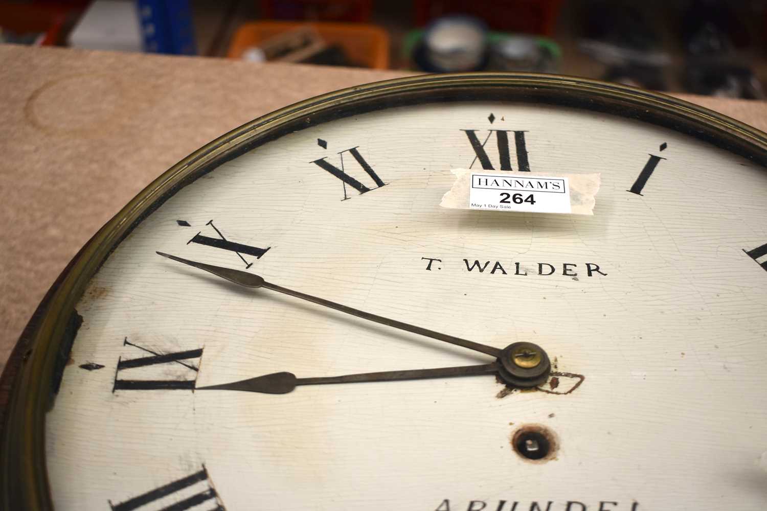 A RARE WOOD DIAL THOMAS WALDER OF ARUNDEL HANGING WALL CLOCK with black painted Roman numerals and - Image 15 of 19
