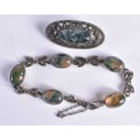 Silver Moss Agate and marcasite bracelet & brooch. Birmingham 1971. 23 grams. Bracelet 20 cm