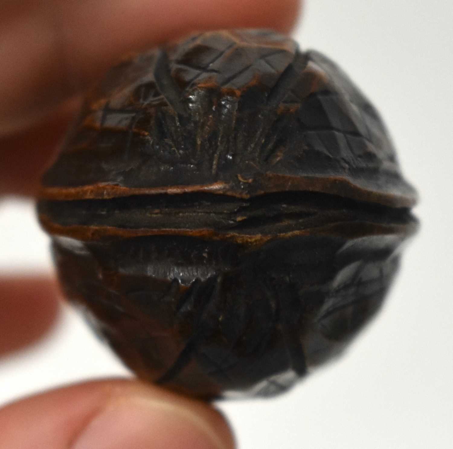 AN EXTREMELY RARE ANTIQUE CARVED NUT GLOBE the body rotating to reveal a tiny pocket globe. Nut 6 cm - Image 11 of 20