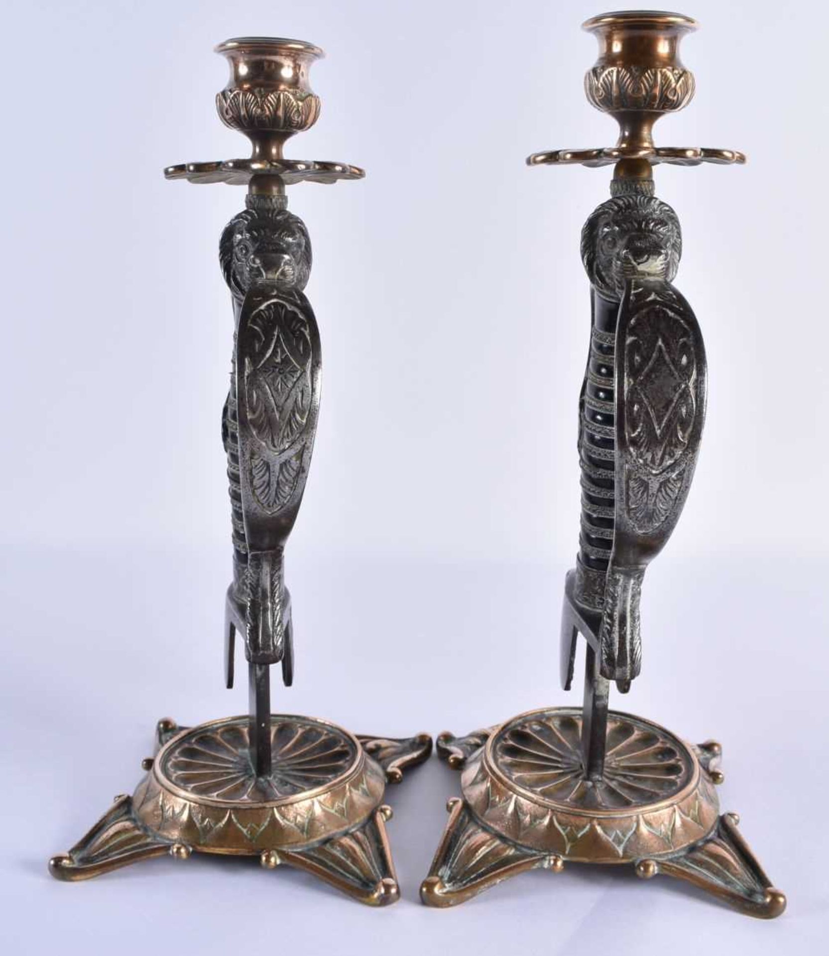 A LOVELY PAIR OF 19TH CENTURY ENGLISH COUNTRY HOUSE MILITARY INTEREST CANDLESTICKS formed as steel - Image 5 of 8