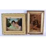 A PAIR OF ANTIQUE CONRAD KIESEL REVERSE PAINTED PAINTINGS ON GLASS. Largest 38 cm x 32 cm. (2)
