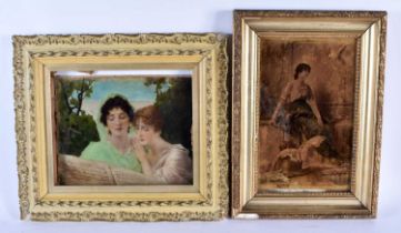 A PAIR OF ANTIQUE CONRAD KIESEL REVERSE PAINTED PAINTINGS ON GLASS. Largest 38 cm x 32 cm. (2)