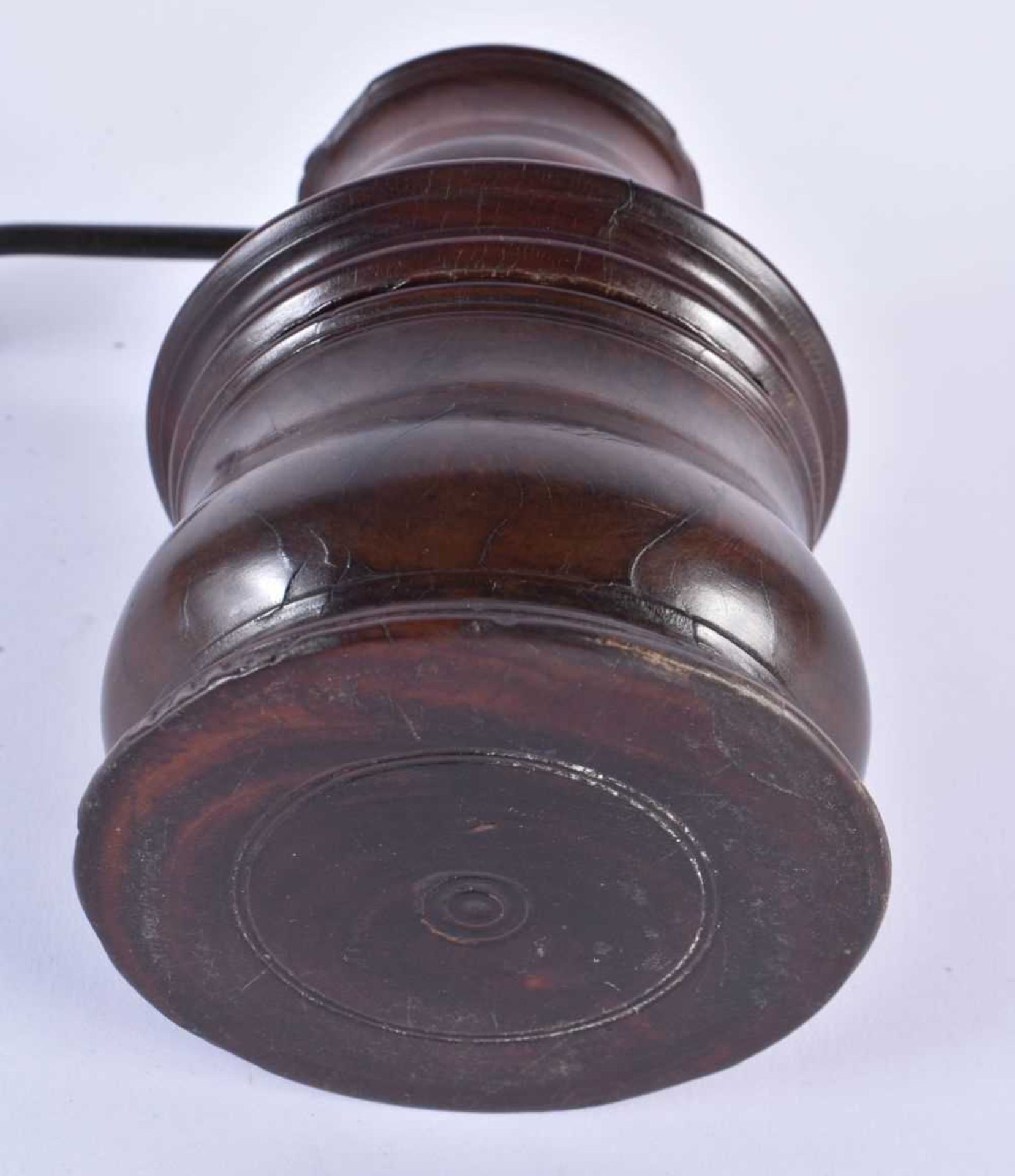 A GEORGE III CARVED TREEN COFFEE GRINDER with stylised iron handle. 19 cm x 14 cm. Note: The first - Image 3 of 4