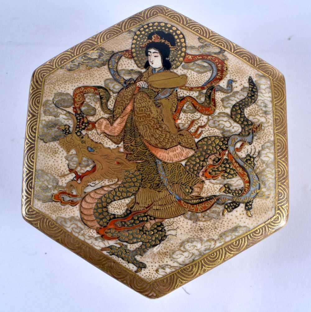 A 19TH CENTURY JAPANESE MEIJI PERIOD SATSUMA HEXAGONAL BOX AND COVER painted with a goddess upon a