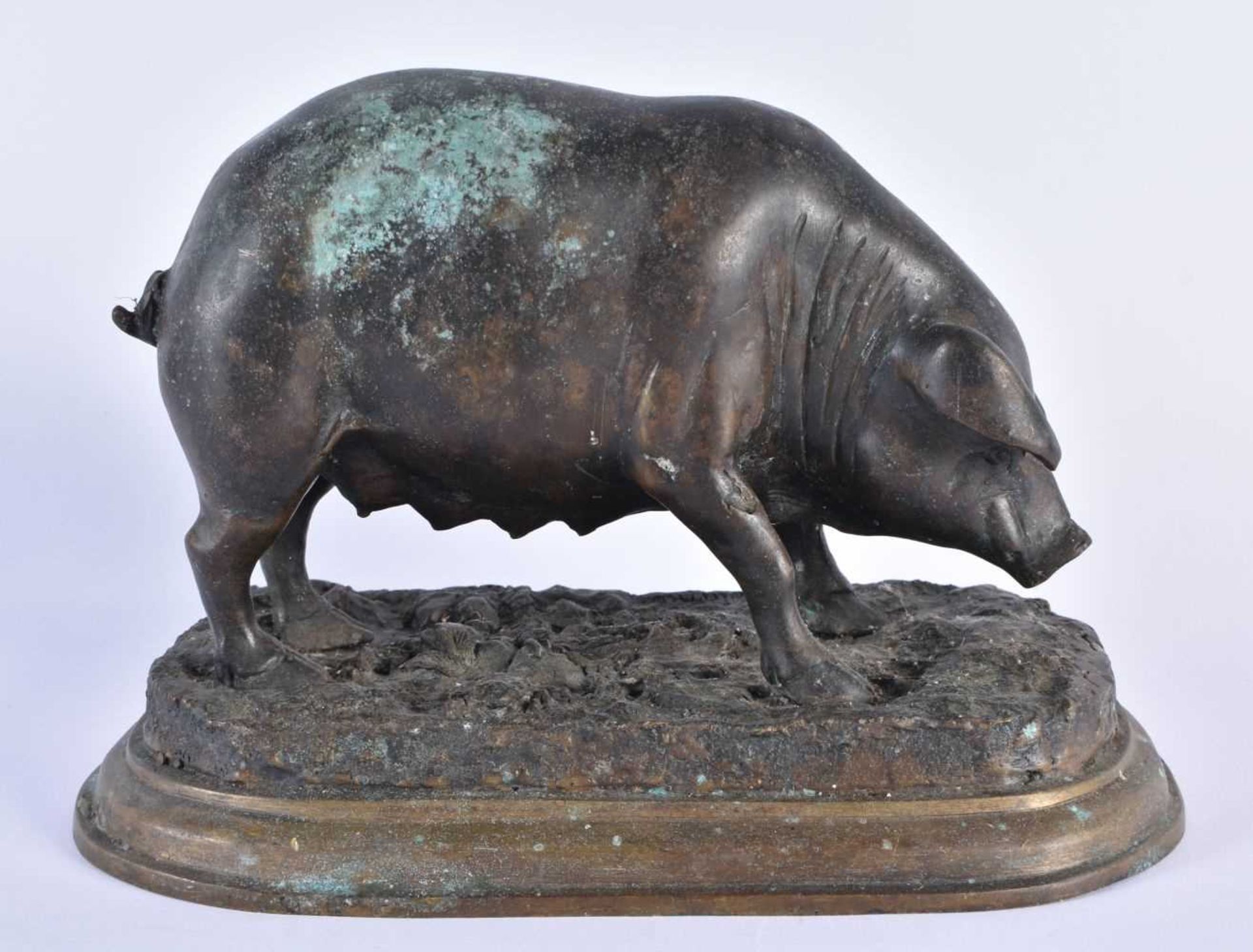 AN ANTIQUE FRENCH BRONZE FIGURE OF A TRUFFLE SOW PIG After Jules Moigniez. 22 cm x 16 cm.