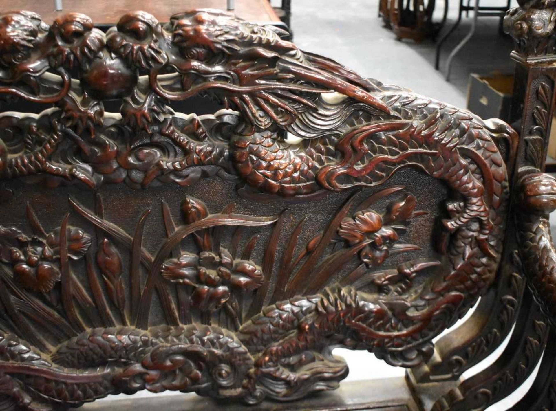 A LARGE 19TH CENTURY JAPANESE MEIJI PERIOD CARVED WOOD DRAGON BENCH. 125 cm x 125 cm. - Image 2 of 14