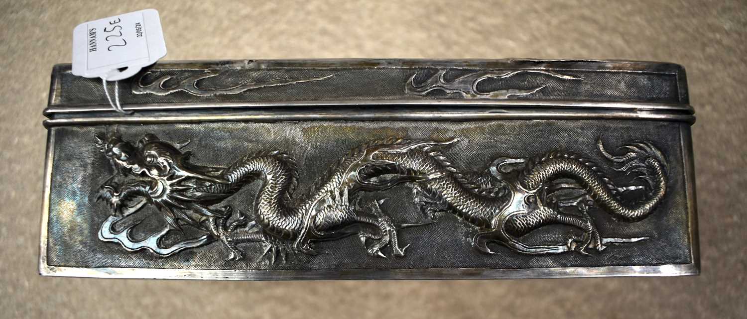 A RARE LARGE 19TH CENTURY CHINESE EXPORT REPOUSSE SILVER BOX Qing, signed KPC, decorated with a - Image 12 of 24