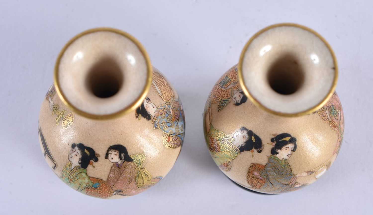 A RARE MINIATURE PAIR OF LATE 19TH CENTURY JAPANESE MEIJI PERIOD SATSUMA VASES painted with - Image 6 of 7