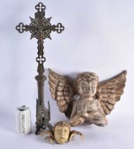 AN ANTIQUE BRONZE CORPUS CHRISTI together with an early stucco pottery cherub head & a carved wood