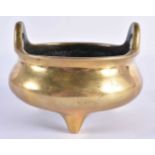 AN 18TH CENTURY CHINESE TWIN HANDLED BRONZE CENSER with high loop handles, bearing Xuande marks to