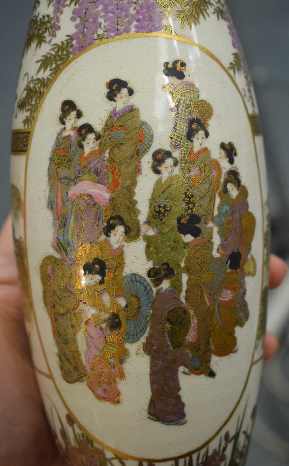 A PAIR OF LATE 19TH CENTURY JAPANESE MEIJI PERIOD SATSUMA POTTERY VASES painted with a group of - Image 20 of 25