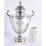A FINE EARLY 20TH CENTURY ENGLISH SILVER TWIN HANDLED ARMORIAL VASE AND COVER by D & J Welby Ltd.