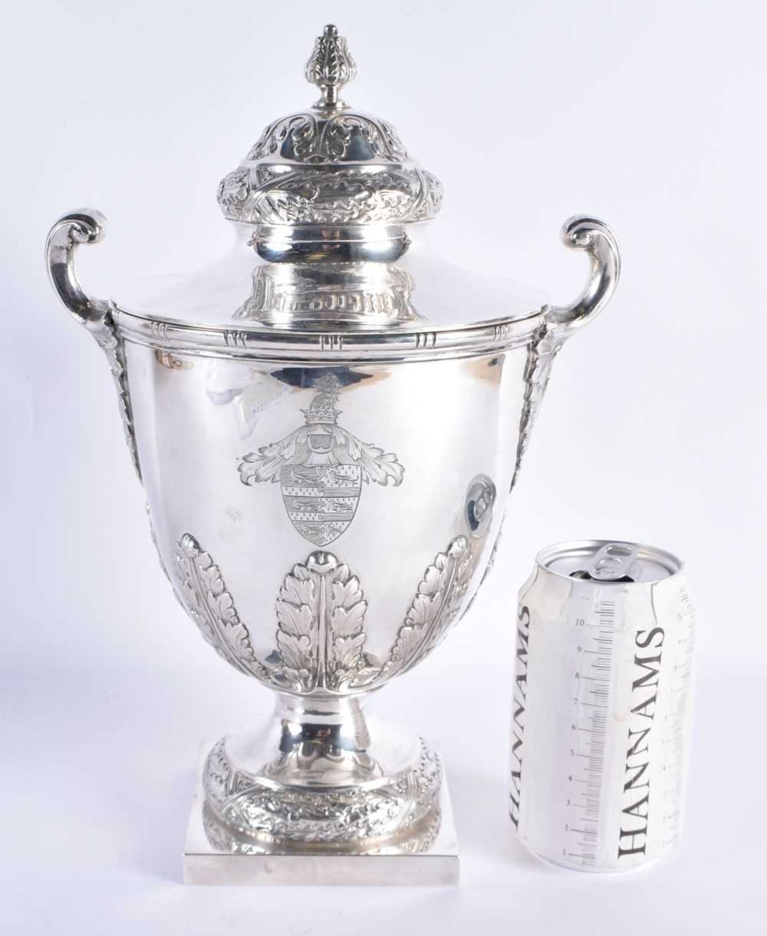 A FINE EARLY 20TH CENTURY ENGLISH SILVER TWIN HANDLED ARMORIAL VASE AND COVER by D & J Welby Ltd.