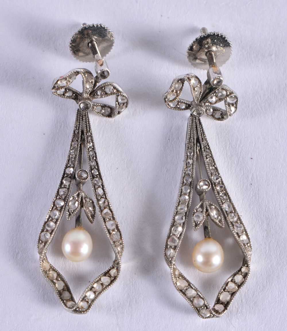 A PAIR OF EDWARDIAN NEO CLASSICAL GOLD DIAMOND AND PEARL EARRINGS. 4.3 grams. 3.5 cm x 1 cm. - Image 2 of 3