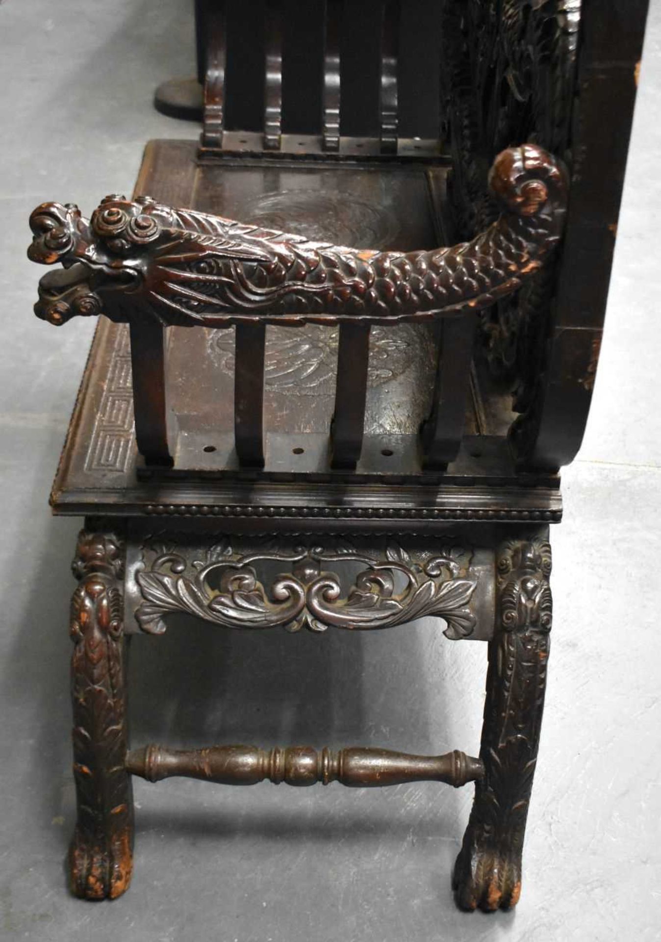 A LARGE 19TH CENTURY JAPANESE MEIJI PERIOD CARVED WOOD DRAGON BENCH. 125 cm x 125 cm. - Image 9 of 14