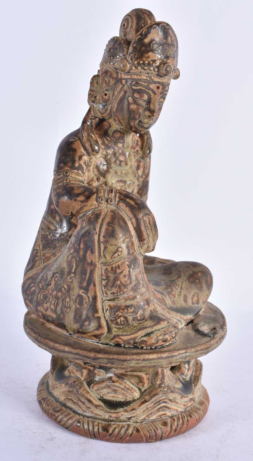 A RARE CHINESE QING DYNASTY CERAMIC POTTERY FIGURE OF A BUDDHA possibly Yue Ware. 21 cm high. - Image 2 of 4