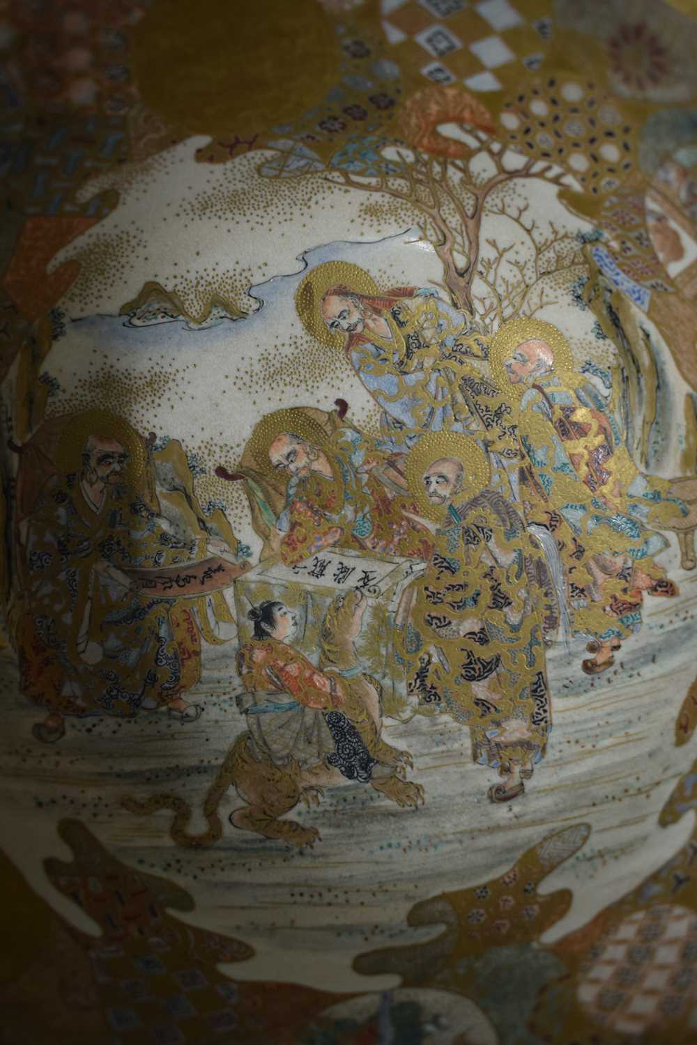 A LARGE 19TH CENTURY JAPANESE MEIJI PERIOD SATSUMA BOWL painted with immortals within landscapes, - Image 17 of 18