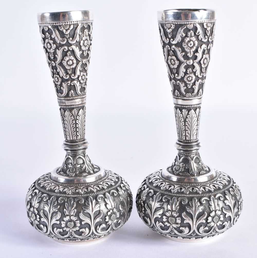 A Pair of Antique Indian Kutch Silver Posy Vases by Oomersi Mawji and Sons, Early 1900s. Stamped - Image 4 of 6