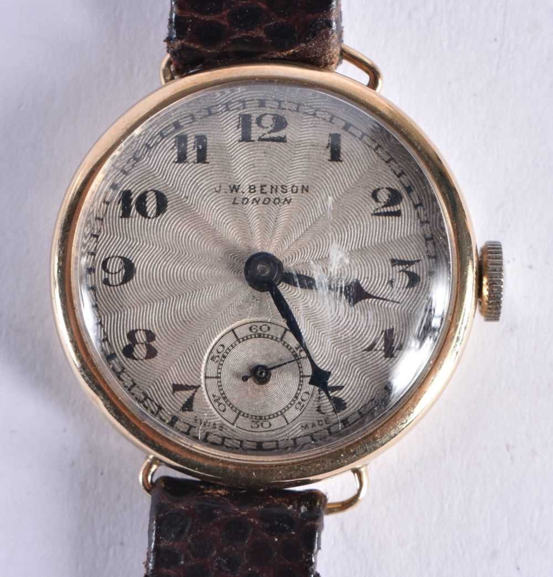 J.W. BENSON 9ct Gold Cased Antique Trench Style Wristwatch Hand-wind Working. 17 grams. 2.75 cm wide