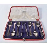 A Cased Set of Six Silver Teaspoons and a Pair of Sugar Tongs by Mackay & Chisholm. Hallmarked