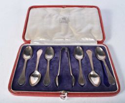 A Cased Set of Six Silver Teaspoons and a Pair of Sugar Tongs by Mackay & Chisholm. Hallmarked