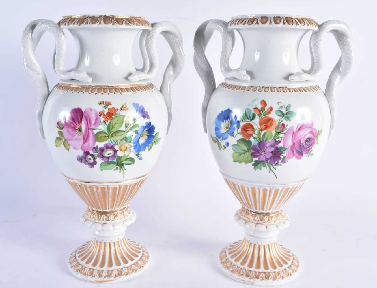 A LARGE PAIR OF EARLY 20TH CENTURY GERMAN TWIN HANDLED MEISSEN PORCELAIN VASES painted with floral - Image 3 of 9