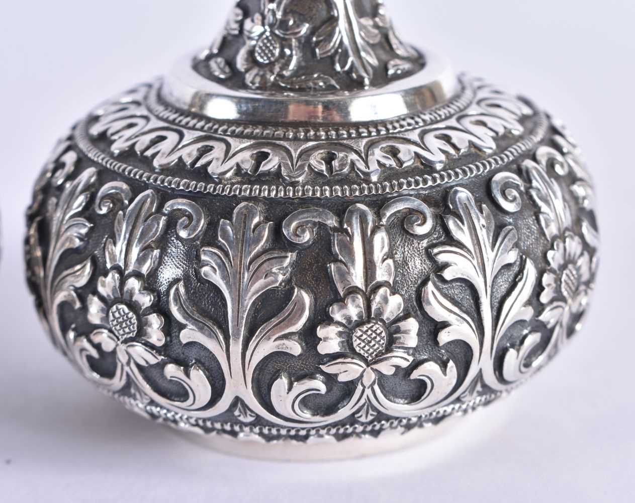 A Pair of Antique Indian Kutch Silver Posy Vases by Oomersi Mawji and Sons, Early 1900s. Stamped - Image 3 of 6