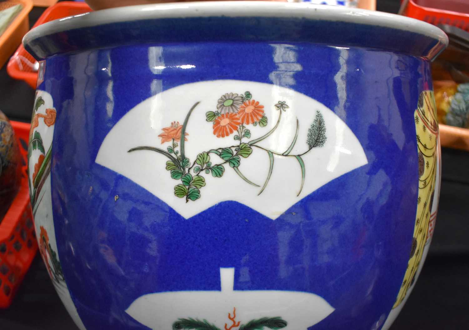 A LARGE 19TH CENTURY CHINESE POWDER BLUE FAMILLE VERTE ENAMELLED JARDINIERE Kangxi style, painted - Image 13 of 29