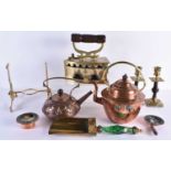 AN ARTS AND CRAFTS COPPER TEAPOT together with a kettle, candlesticks etc. (qty)
