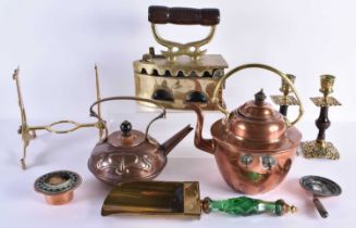 AN ARTS AND CRAFTS COPPER TEAPOT together with a kettle, candlesticks etc. (qty)