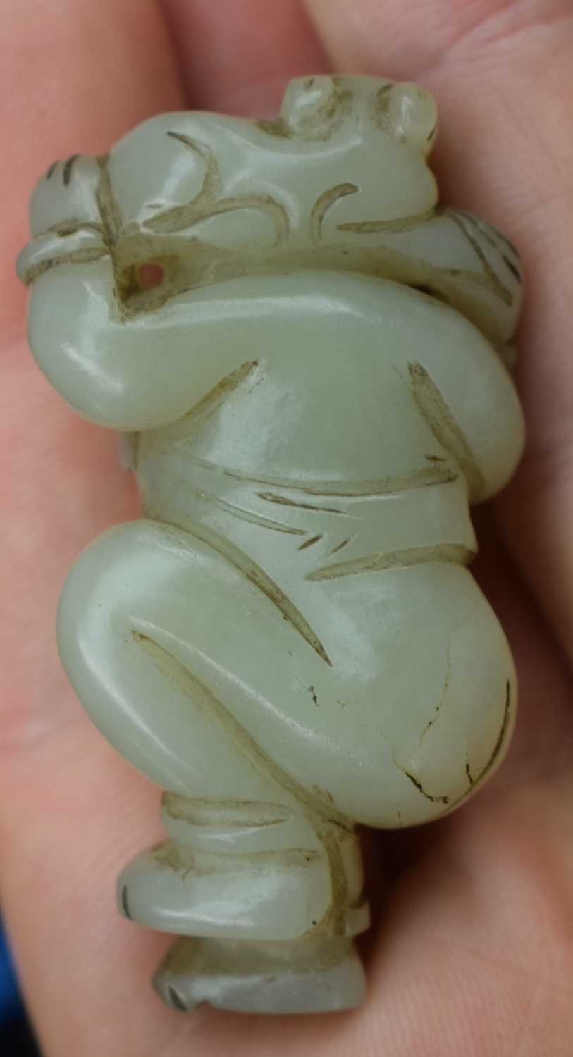 A 19TH CENTURY CHINESE CARVED GREEN JADE FIGURE OF A DANCING BOY Qing, modelled with a cat upon - Image 7 of 12