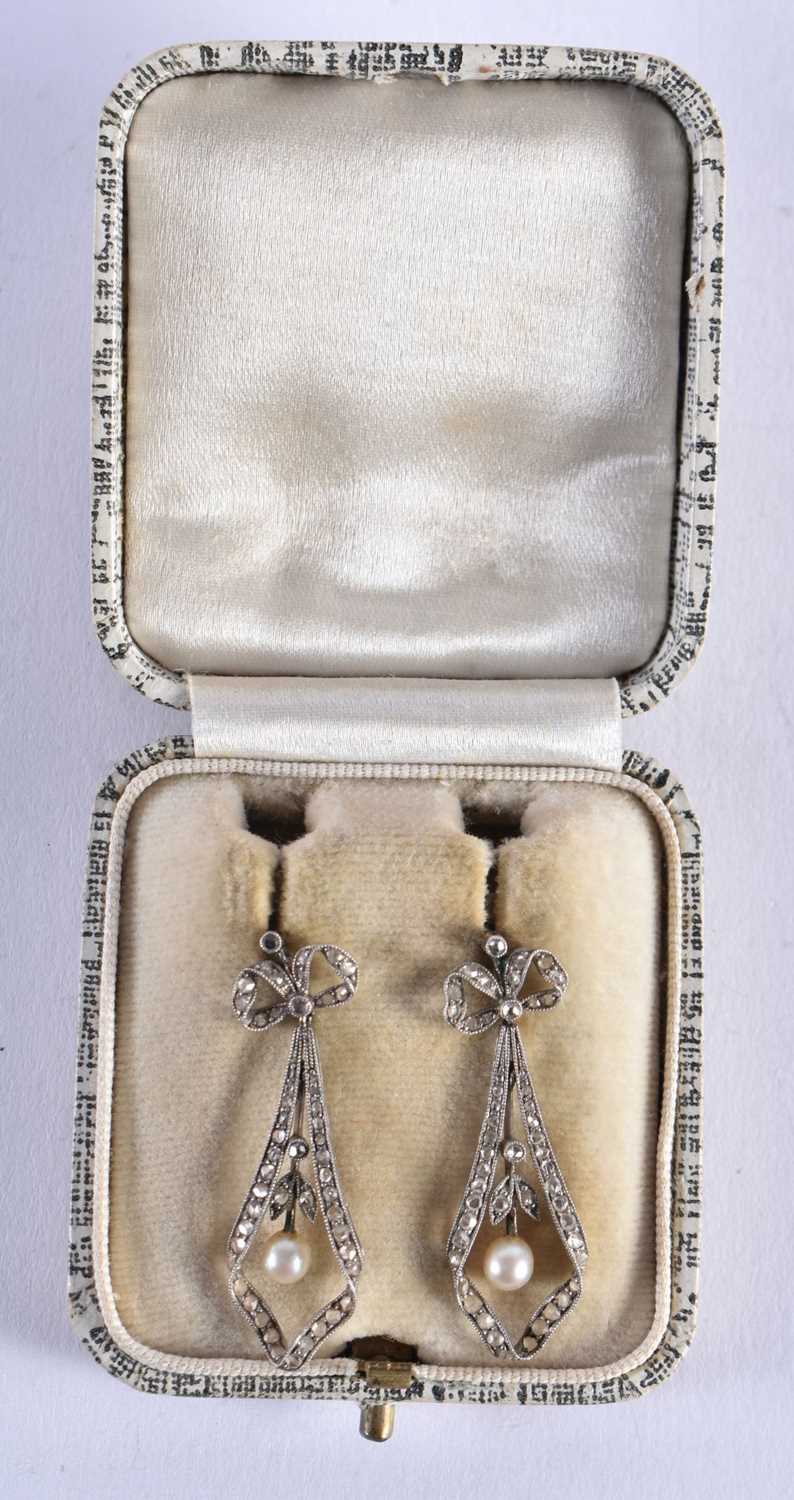 A PAIR OF EDWARDIAN NEO CLASSICAL GOLD DIAMOND AND PEARL EARRINGS. 4.3 grams. 3.5 cm x 1 cm.