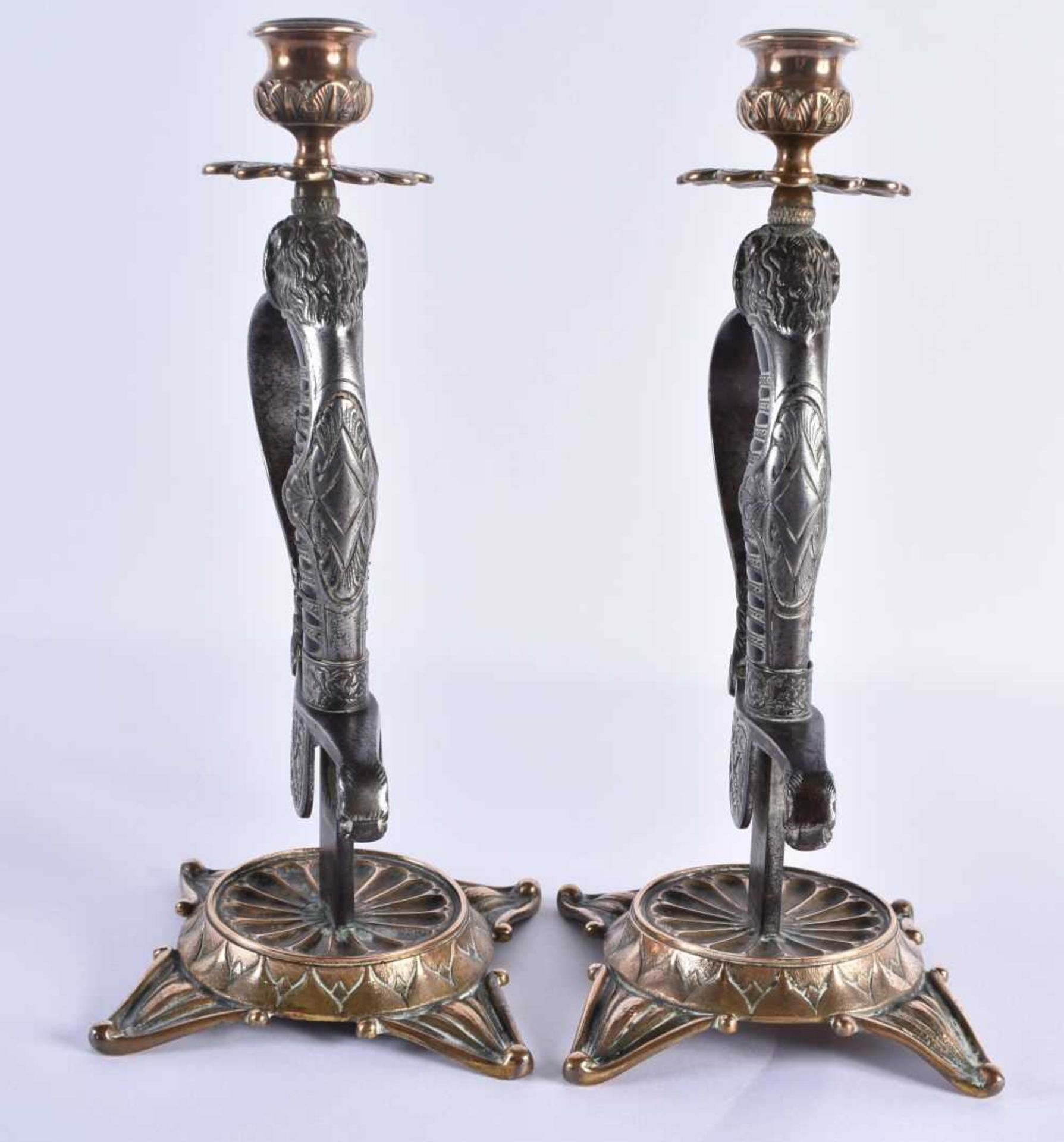 A LOVELY PAIR OF 19TH CENTURY ENGLISH COUNTRY HOUSE MILITARY INTEREST CANDLESTICKS formed as steel - Image 4 of 8