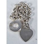 Silver belcher link bracelet with heart tag by designer Tiffany & Co. Stamped Tiffany 925. 19cm